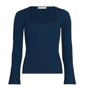 ELIE TAHARI blue black Sydney ribbed knit long sleeve sweetheart stretch top